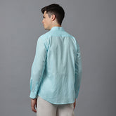 Men’s Aqua Blue Linen Shirt with High Collar